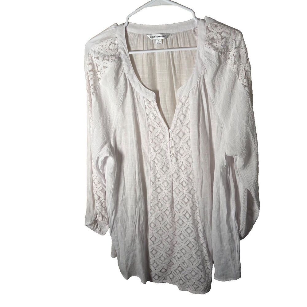 Counterparts Blouse Women's 2X White 3/4 Sleeve Lace Sheer Casual Boho Top